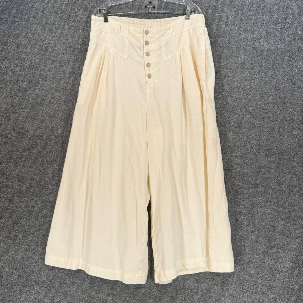 Anthropologie Pants Womens Large Cream Wide Leg Linen Blend Button Culottes